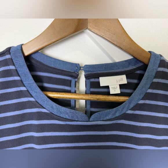 J. Jill 3/4 Sleeve Navy Striped Shift Dress Tencel Denim Shirt Tail Size Small - Picture 4 of 11